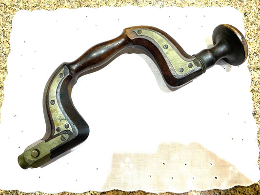 Antiguo Taladro De Mano De Madera Y Bronce