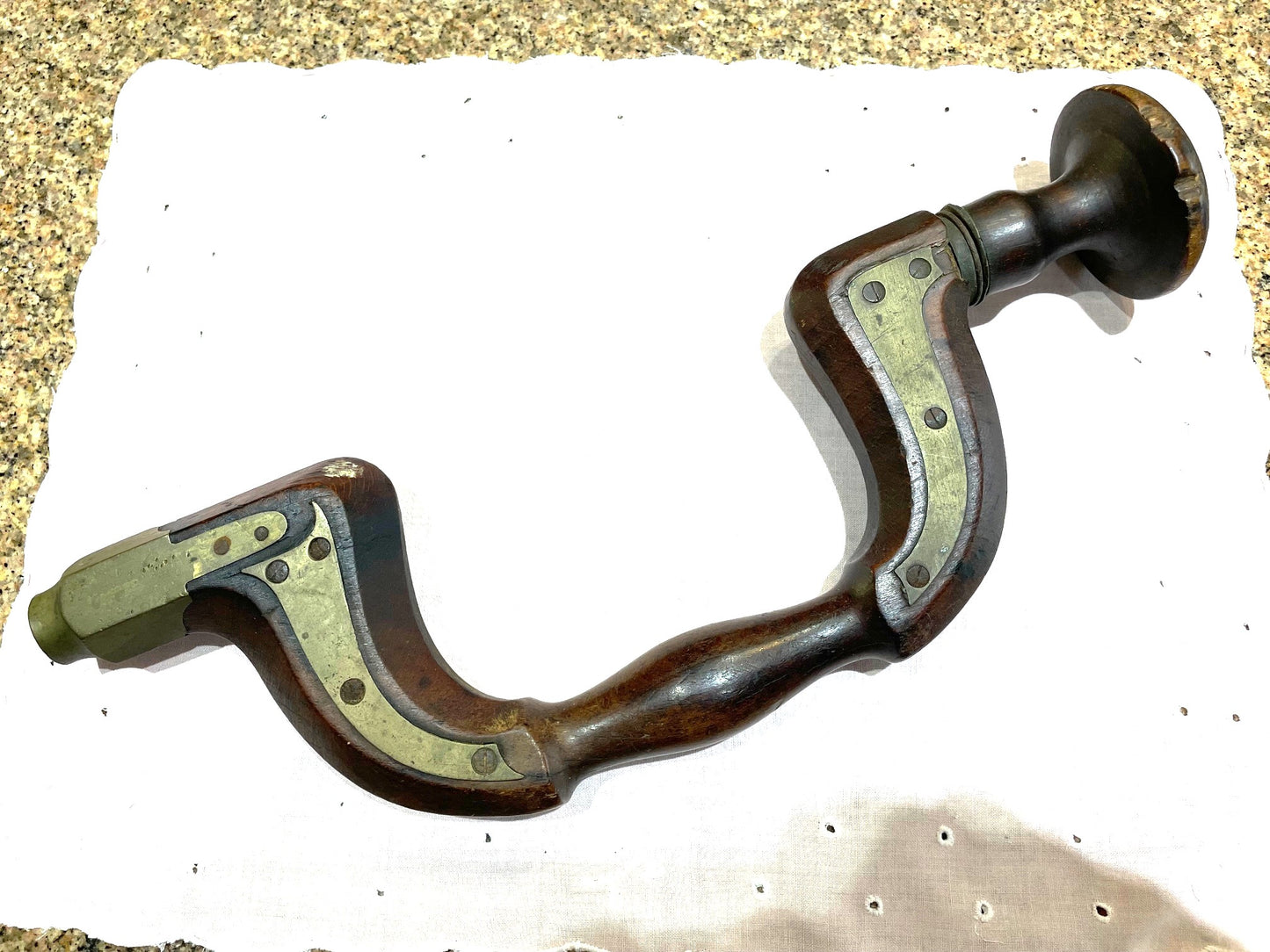 Antiguo Taladro De Mano De Madera Y Bronce