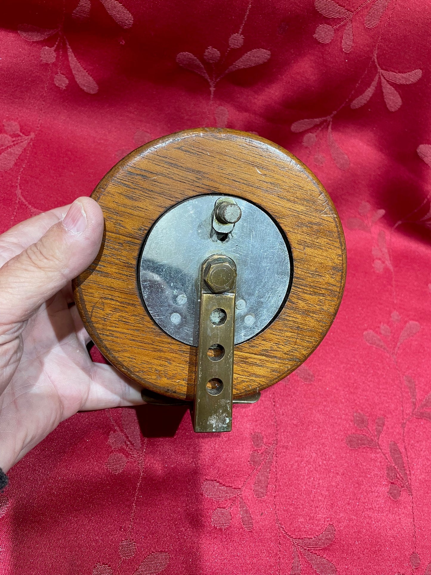 Antiguo Gran Carrete De Pesca Bote De Madera y bronce 12,5 Cm