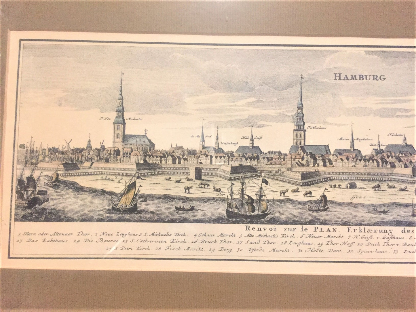 Antiguo Grabado Emnarcado Ciudad Hamburgo 74x36 Cm,