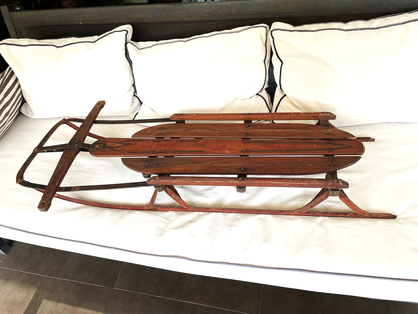 Espectacular Antiguo Trineo Nieve De Madera Y Metal. 130 Cm