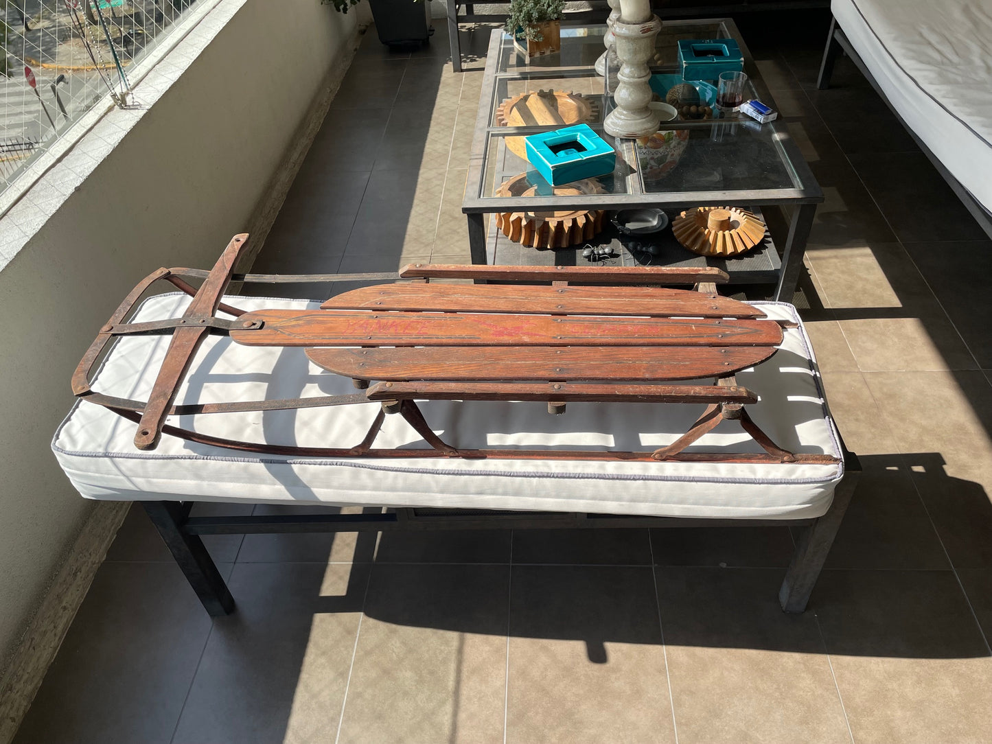 Espectacular Antiguo Trineo Nieve De Madera Y Metal. 130 Cm