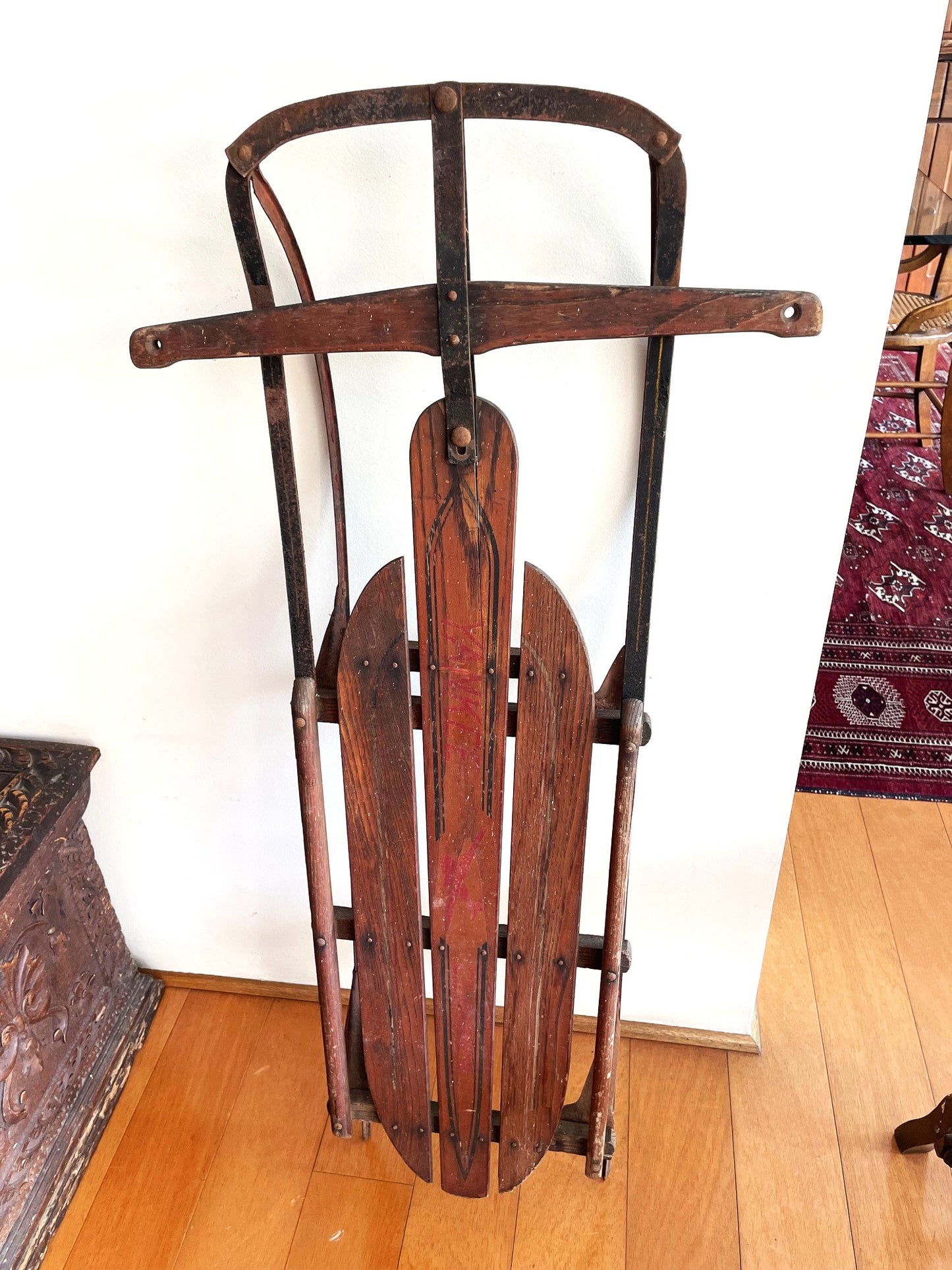 Espectacular Antiguo Trineo Nieve De Madera Y Metal. 130 Cm