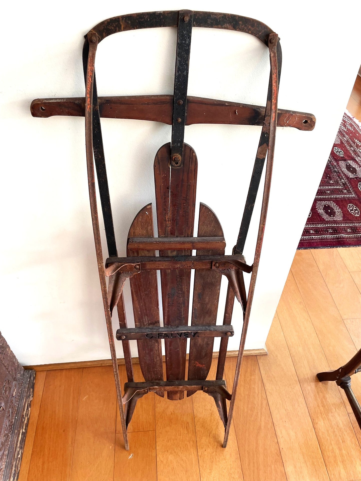 Espectacular Antiguo Trineo Nieve De Madera Y Metal. 130 Cm