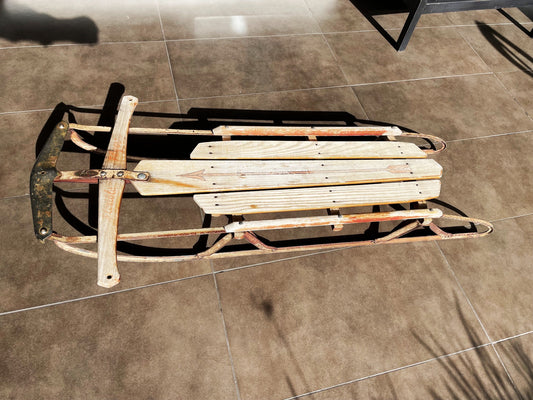 Genial Antiguo Trineo Nieve De Madera Y Metal. 115 Cm