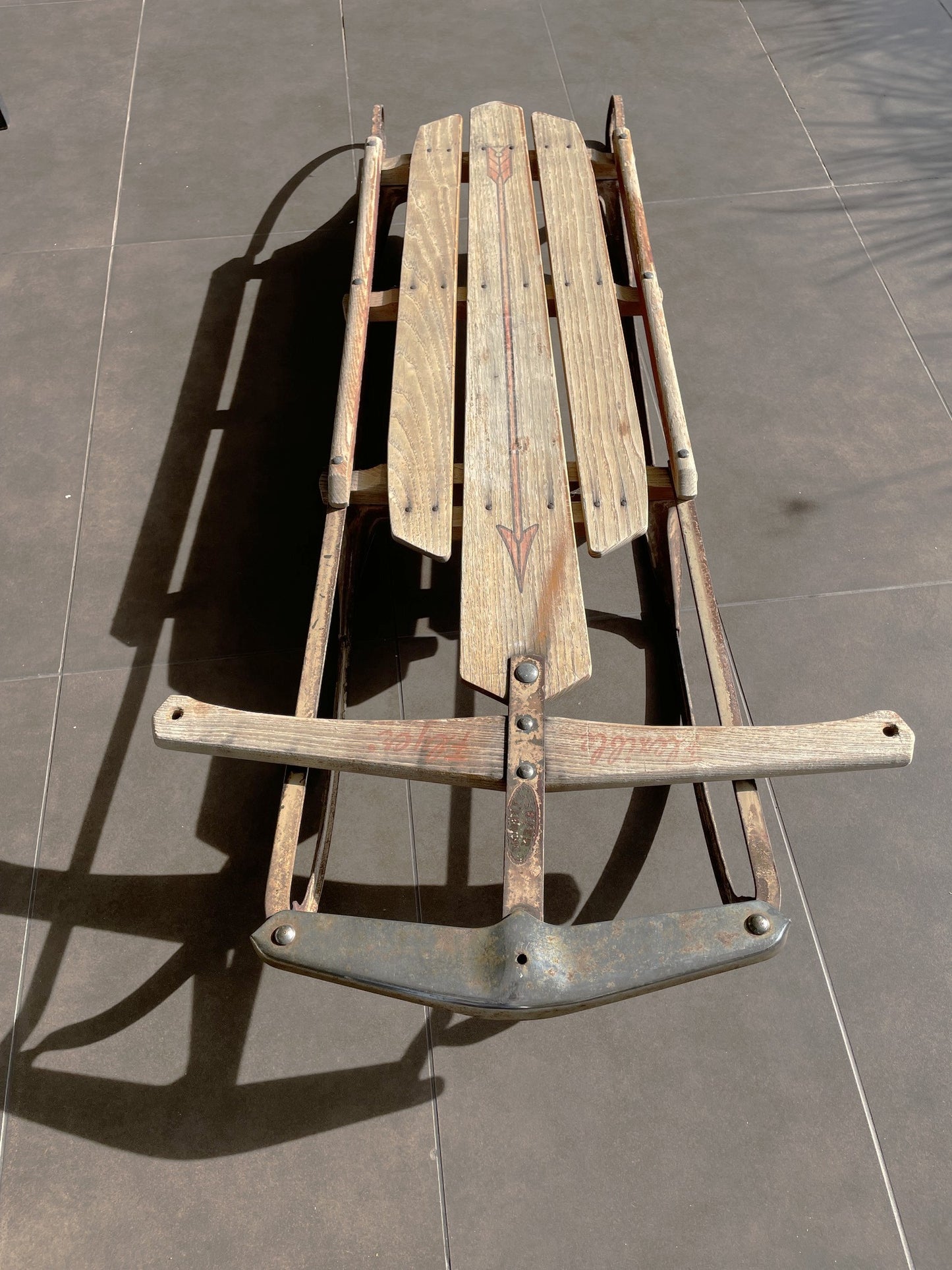Genial Antiguo Trineo Nieve De Madera Y Metal. 115 Cm